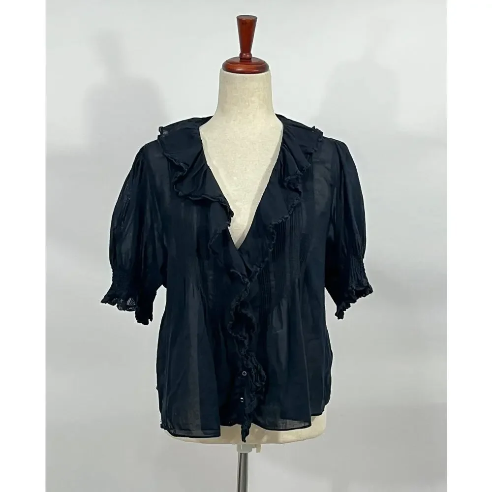 Doen Henri Black Ruffle Short Sleeve Blouse
